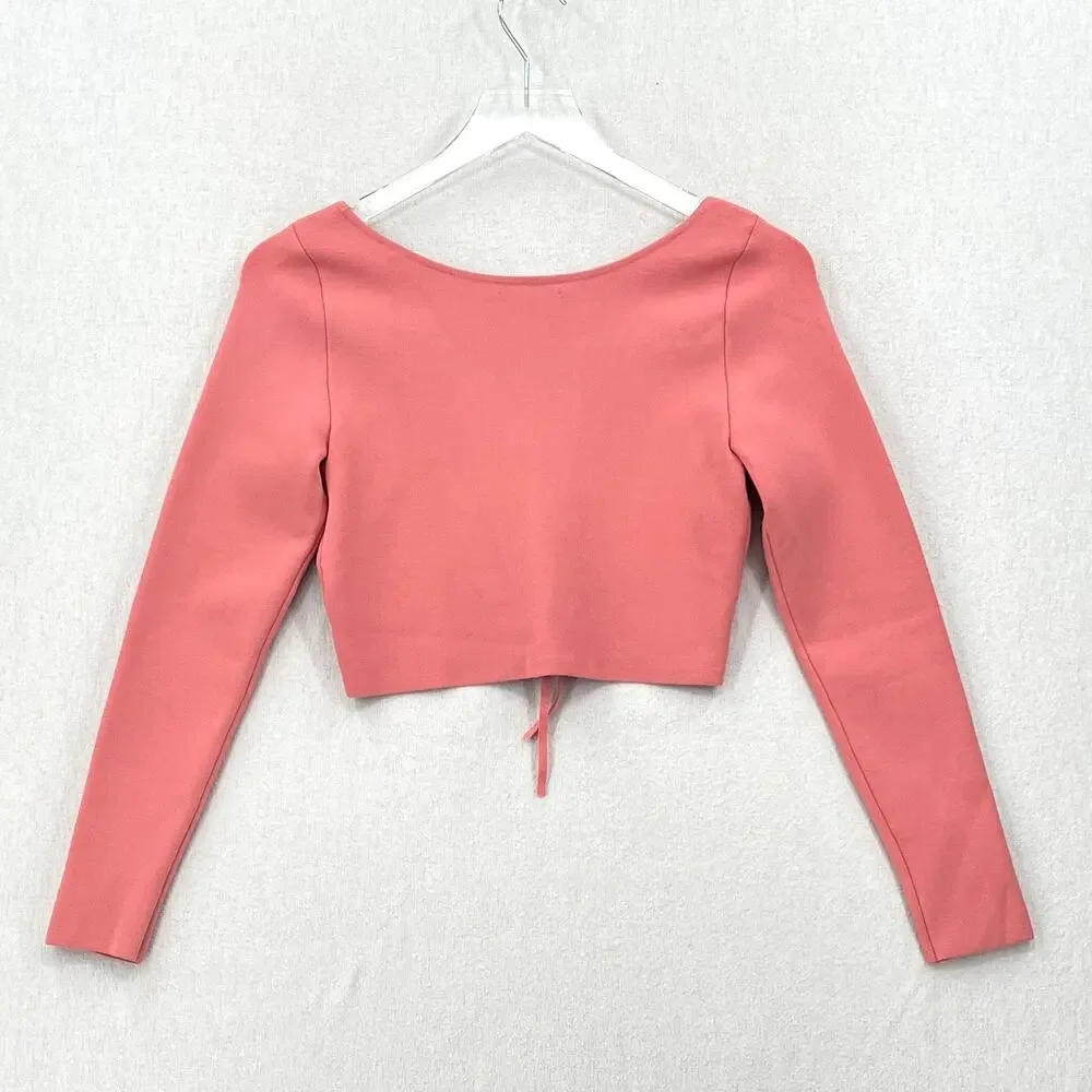 ALICE AND OLIVIA Sharee Top Womens Medium Pink Tie Knit Crop V Neck Long Sleeve